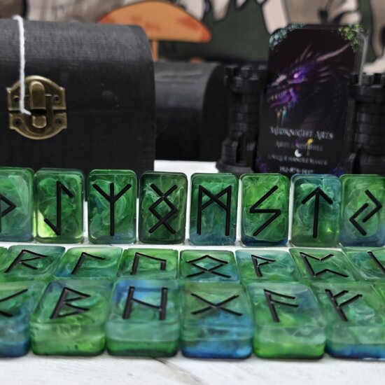 The Realm of Vanaheim Elder Futhark Rune Set With Black Wooden Chest