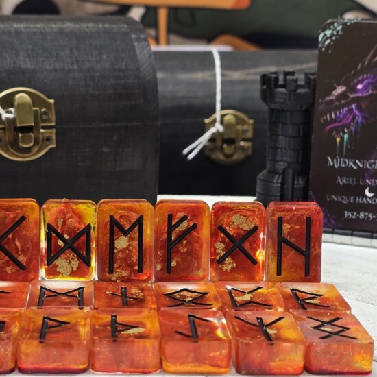 Gold Pheonix Elder Futhark Rune Set  With Black Wooden Chest